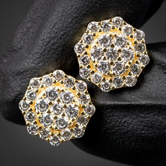 Yellow Gold 925 Sterling Silver Men's Hip Hop Octagon Cz Cluster Stud Earrings - Picture 2 of 5